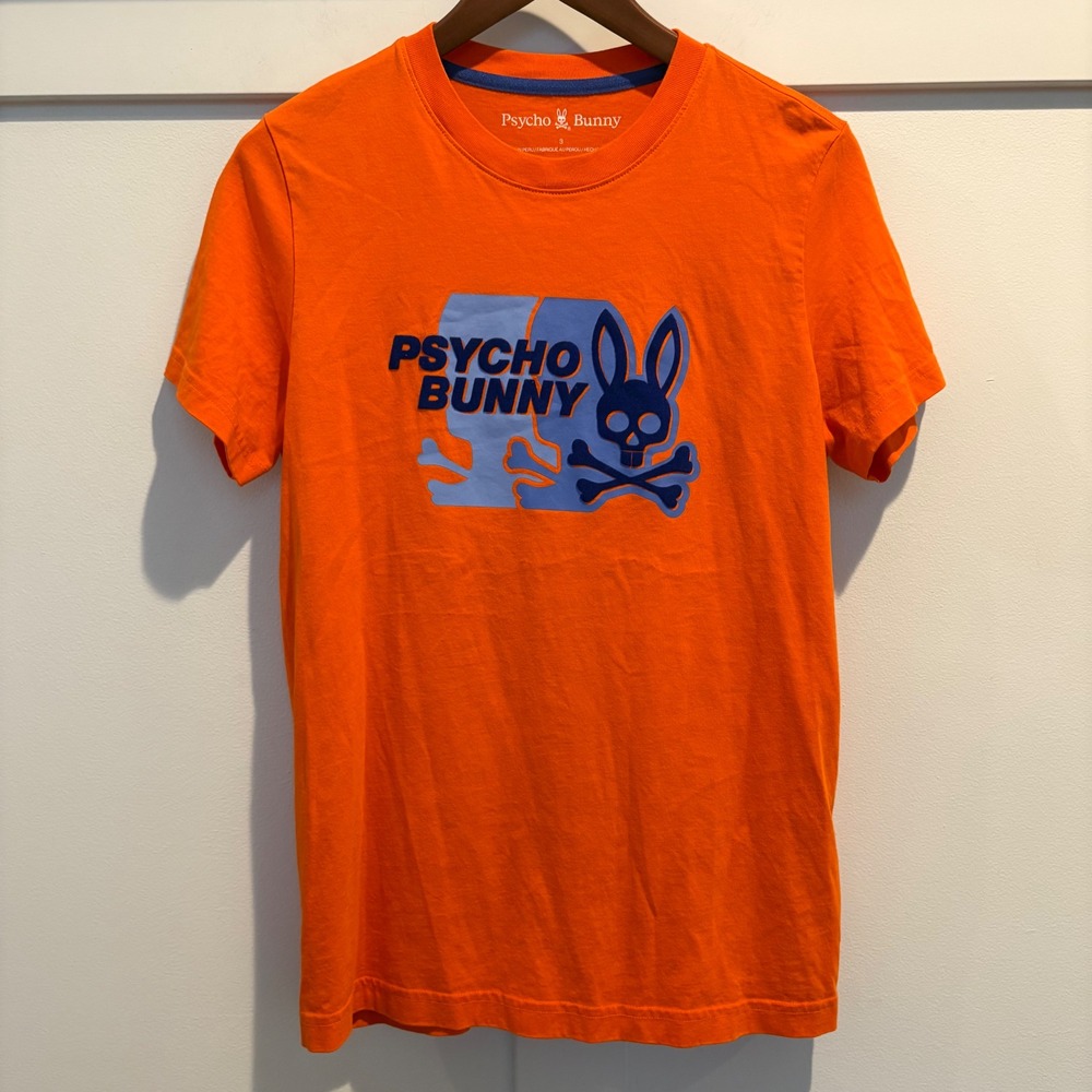 Psycho Bunny Graphic Tee Men XS (3) Orange Flocked Logo Pima Cotton Short Sleeve - Picture 2 of 13